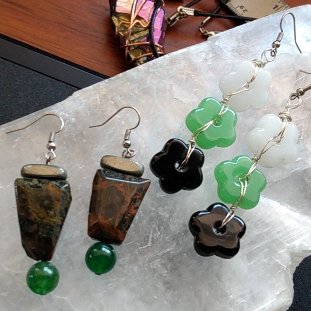 Awesome flower power and green opal with pyrite earrings